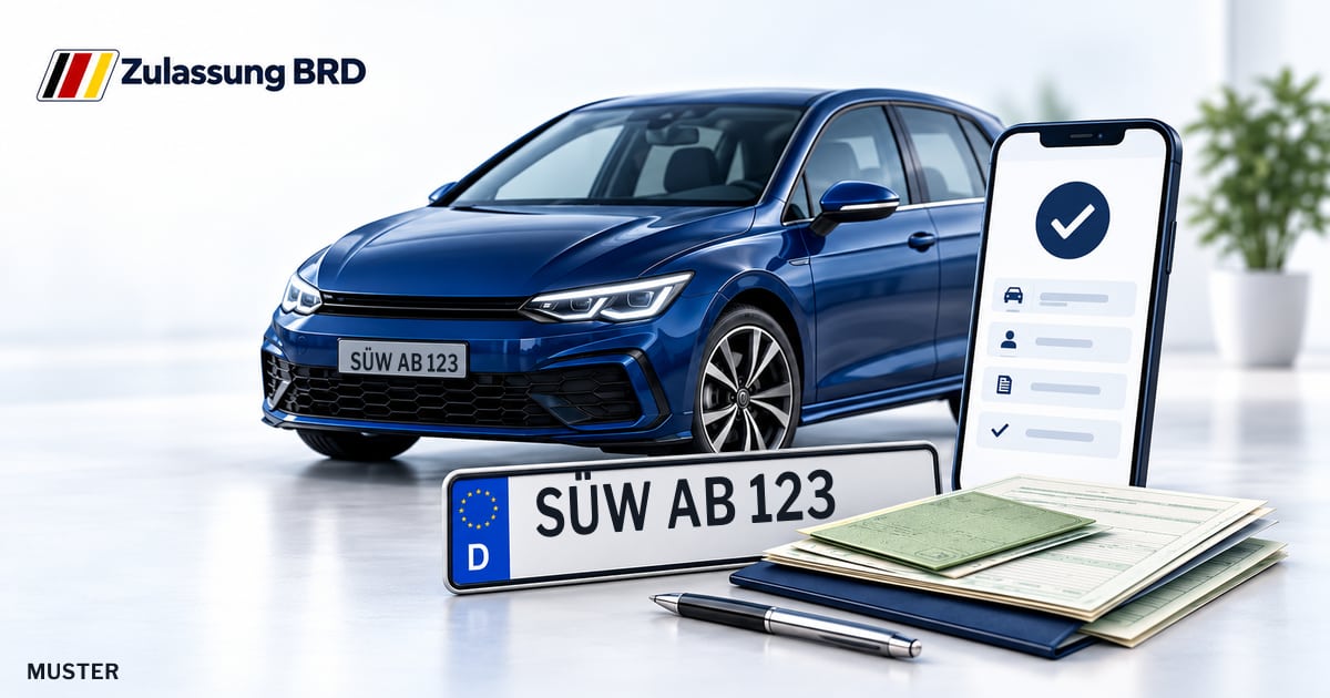 Online Fahrzeugzulassung in Landkreis Südliche Weinstraße: Musterkennzeichen SÜW AB 123, Auto und Fahrzeugpapiere und Smartphone. Illustration mit Logo von Zulassung BRD.